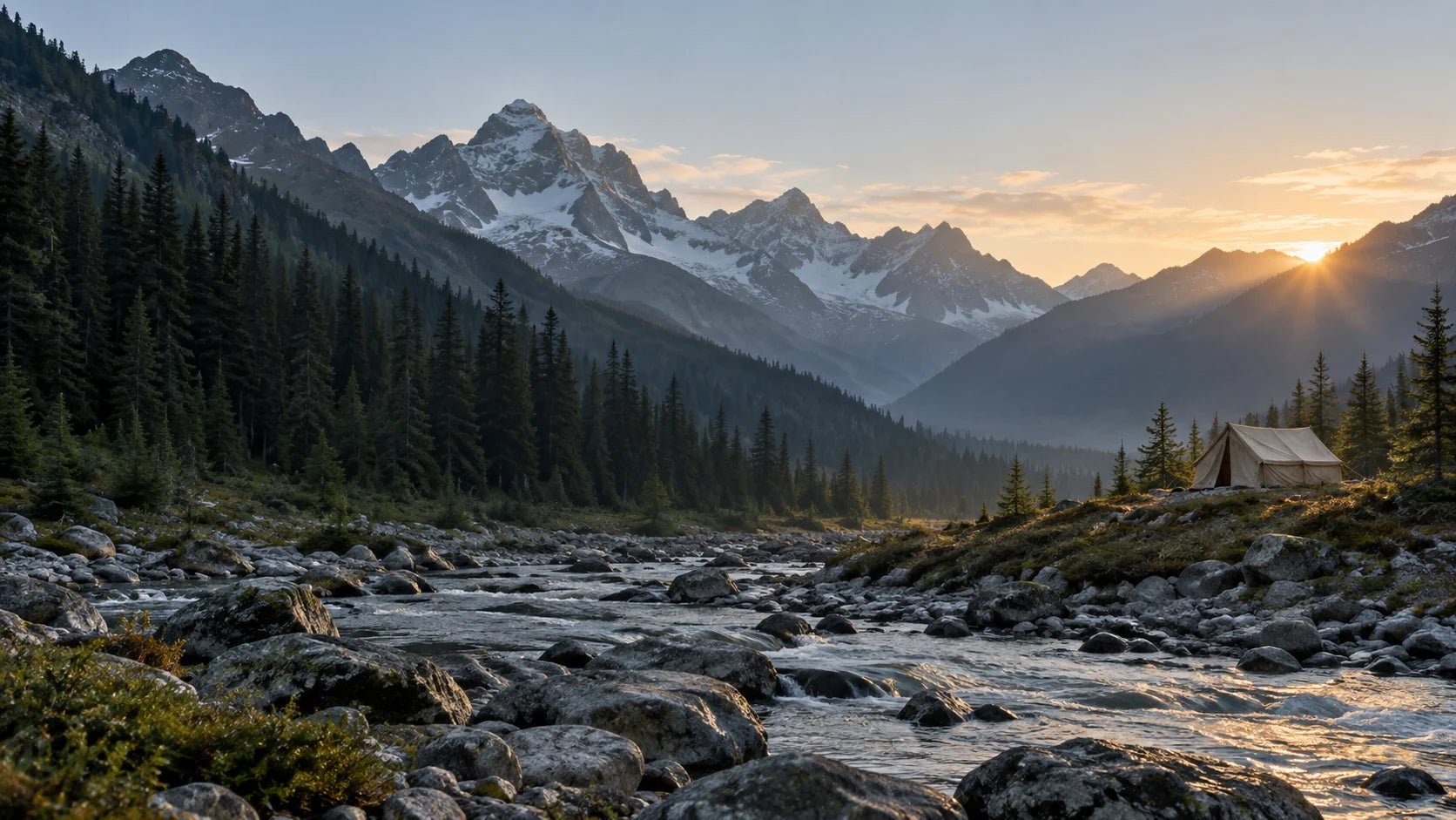 Mountain valley and a canvas shelter at dawn